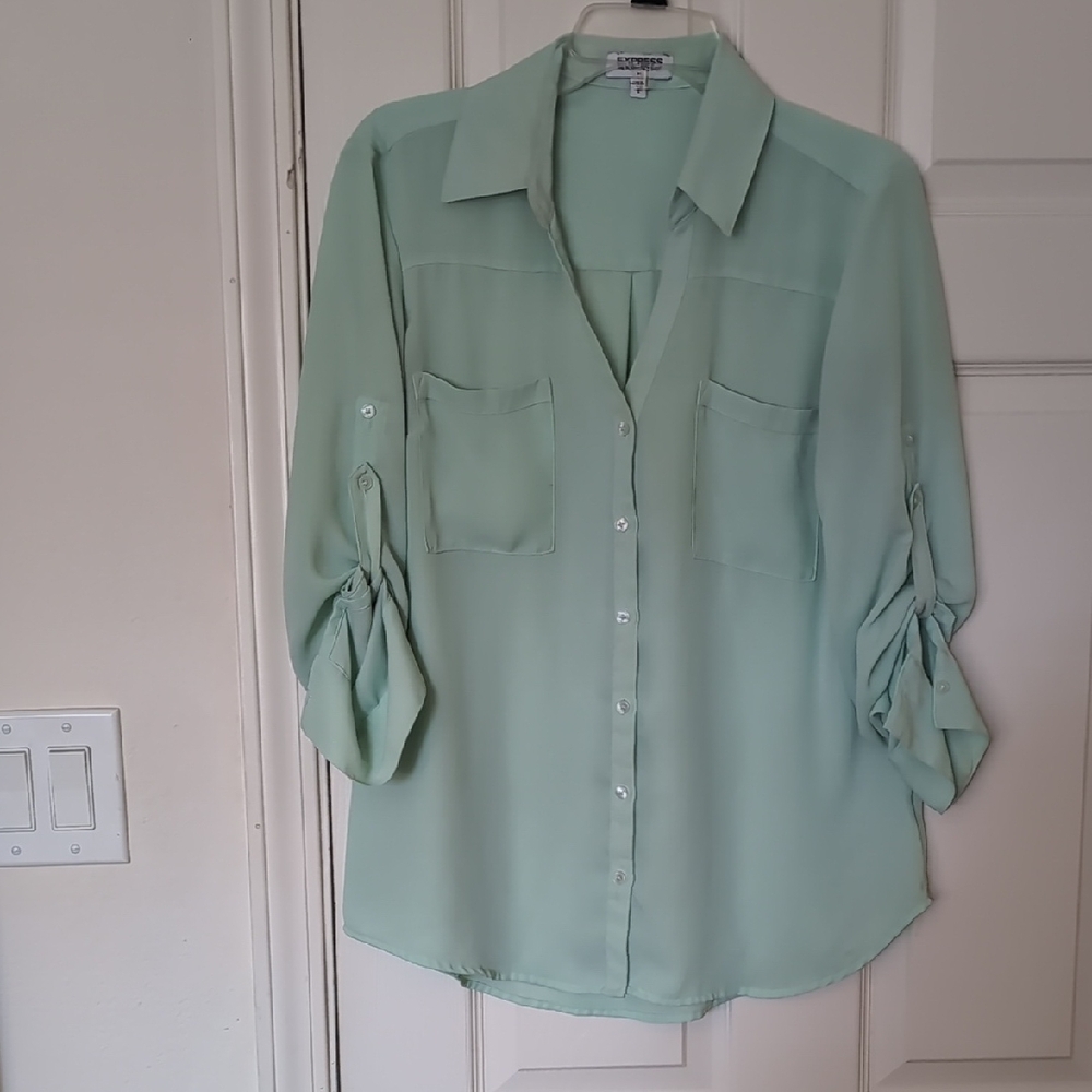 Express Green Button Down Shirt with Notched Collar